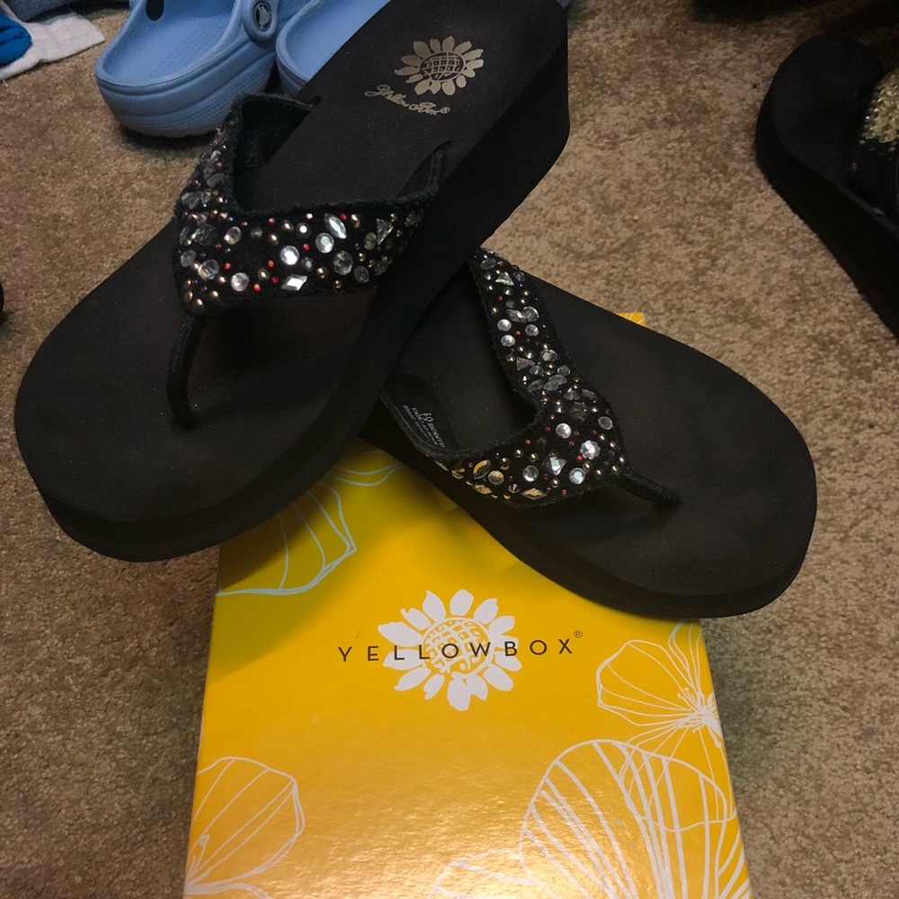 Yellow box wedge flip-flops!